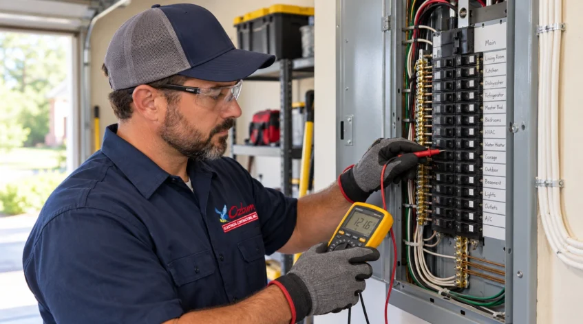 Ozburn Electrical technician evaluating a residential breaker panel