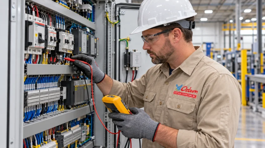 Industrial electrician in McDonough inspecting an electrical control panel