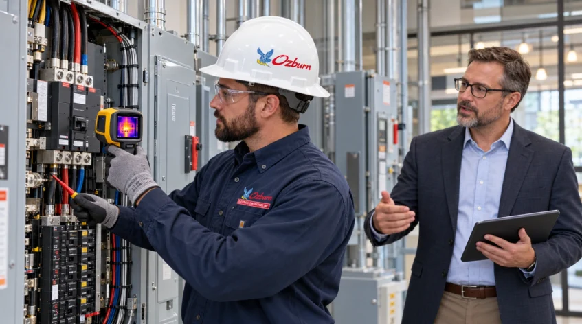 Commercial electrician in McDonough, GA inspecting electrical systems at a Henry County business property.