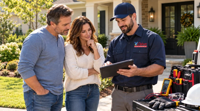 Homeowners discussing qualifications, project estimates, and electrical services with an electrician in McDonough, GA.